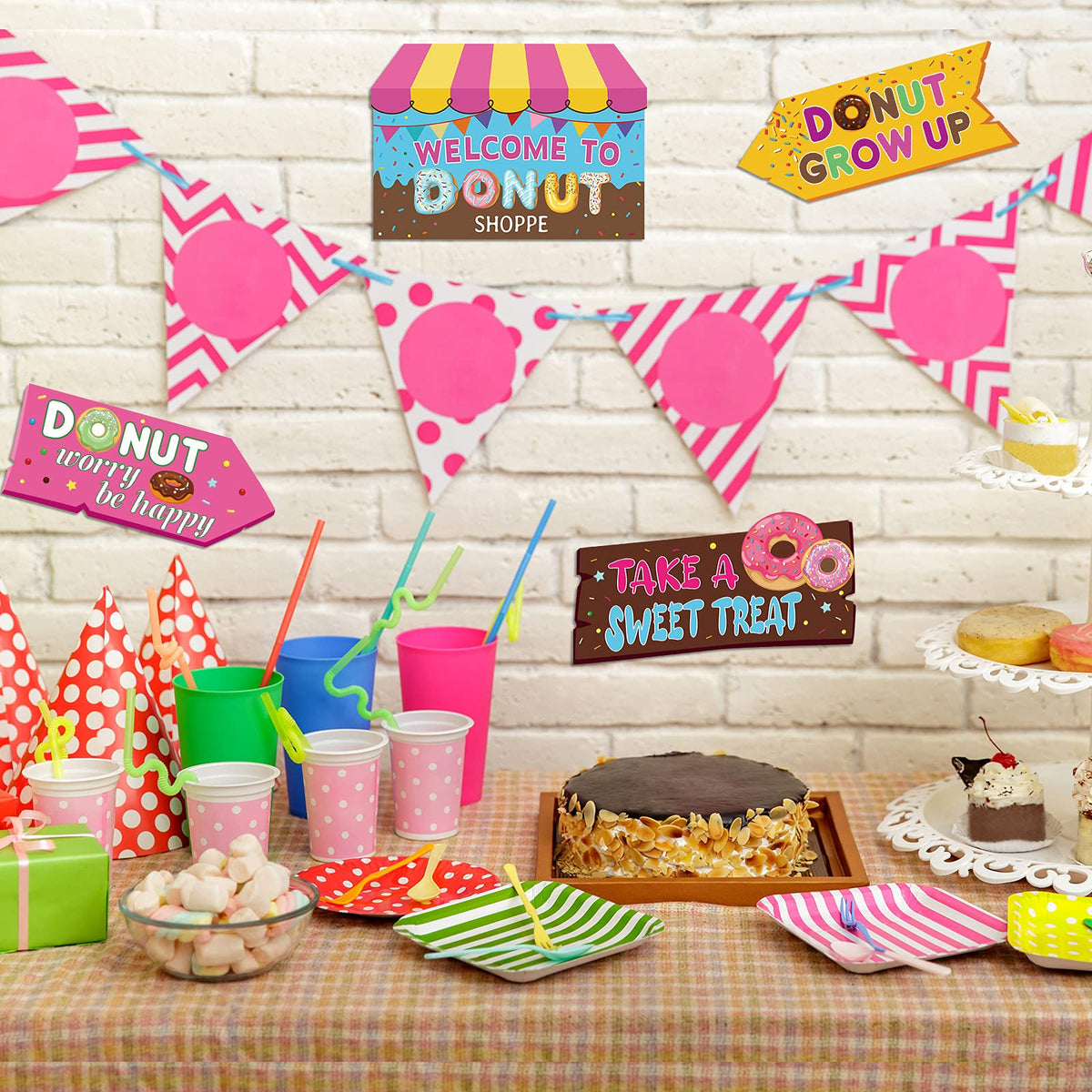 Jetec donut decor signs on durable card stock last through celebrations.