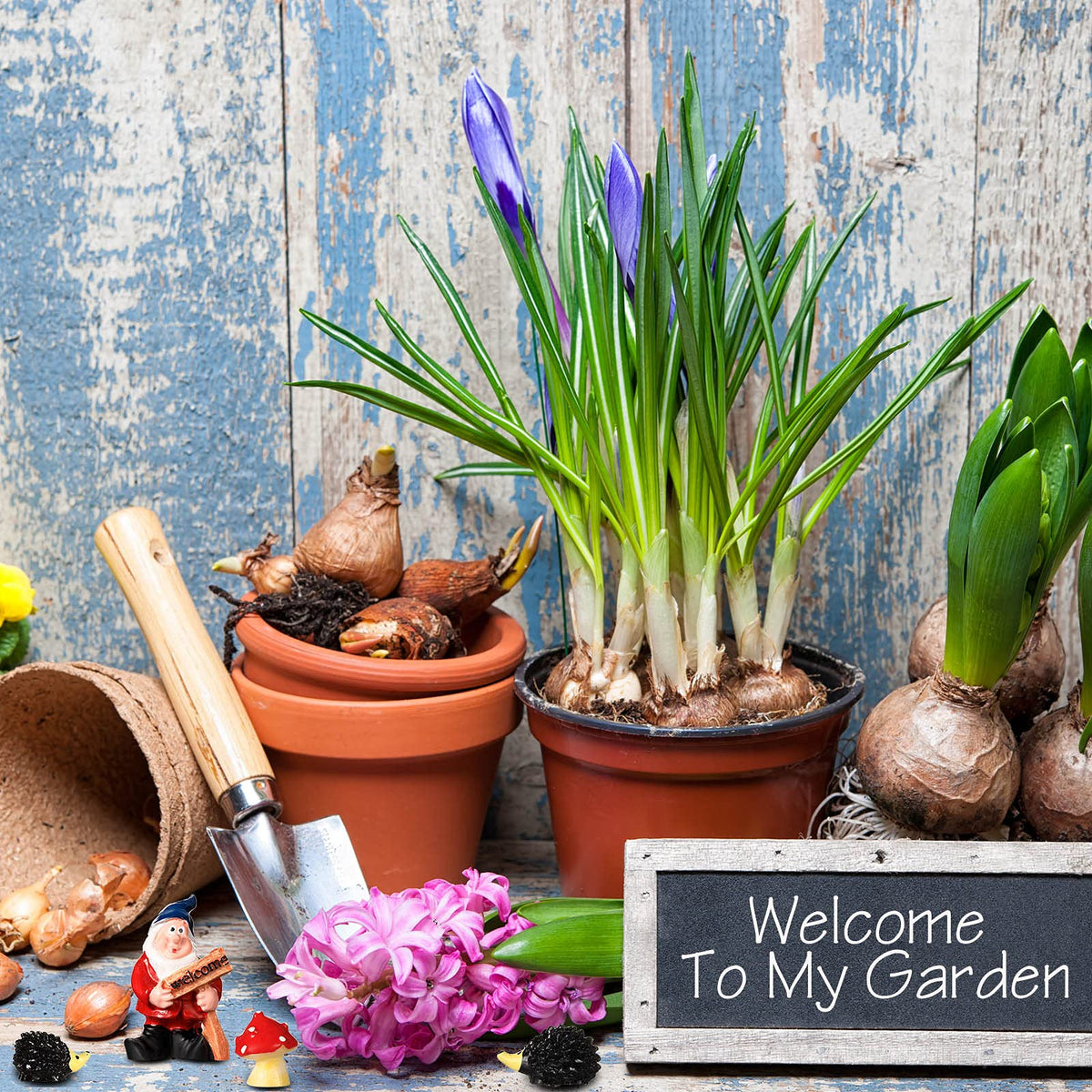 Jetec mini gnome with flower basket enhances garden decor with color.