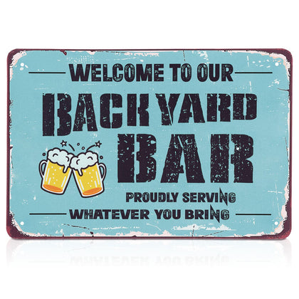Jetec Welcome to Our Backyard Bar Sign 12x8 blue, adds retro curb appeal.