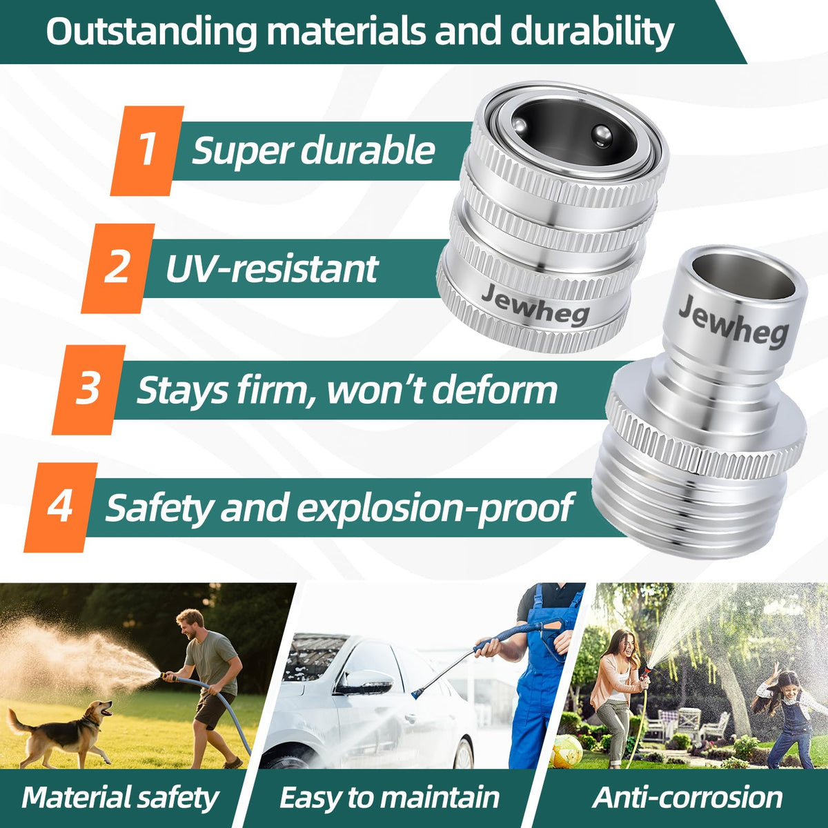 Jewheg stainless steel hose fittings prevent corrosion and leaks.