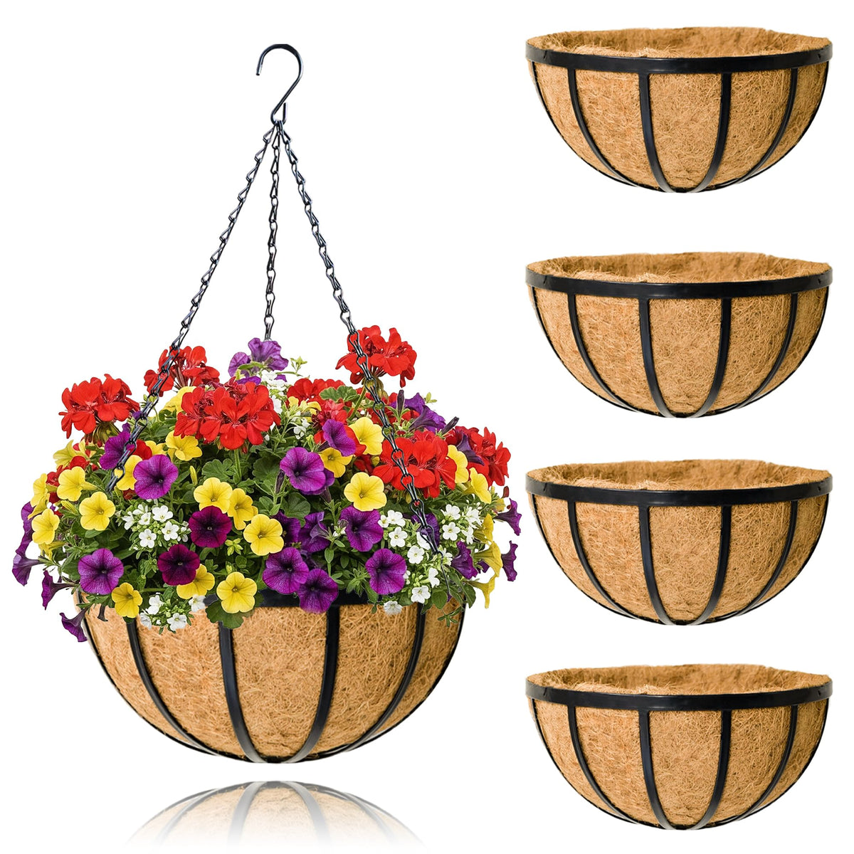 JFFLYIT 14-inch hanging planter with coco coir liner for outdoor use.