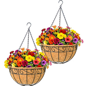 JFFLYIT 12-inch round metal hanging basket with coco coir liner for outdoor plant displays.