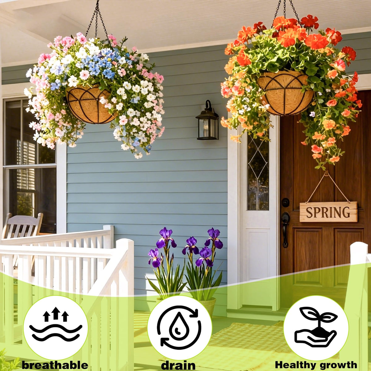 JFFLYIT coir lining hanging planter promotes drainage for healthier plants.