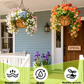 JFFLYIT coir lining hanging planter promotes drainage for healthier plants.