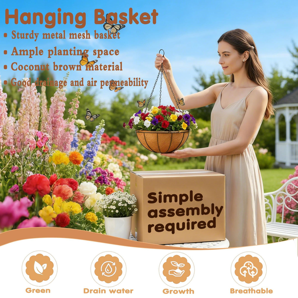 JFFLYIT metal hanging basket with coco fiber liner for drainage