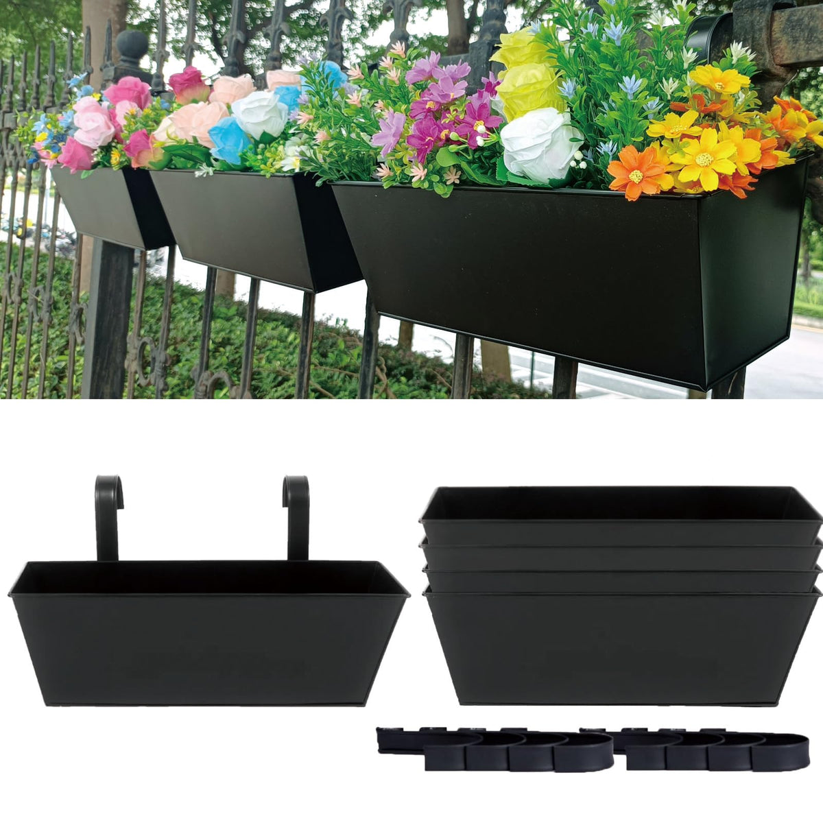 JFMAMJ railing planter 16-inch black side view, ideal for balcony railing display.