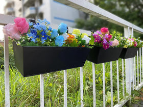 Herbs thriving in a JFMAMJ window-railing planter box for a convenient kitchen garden.