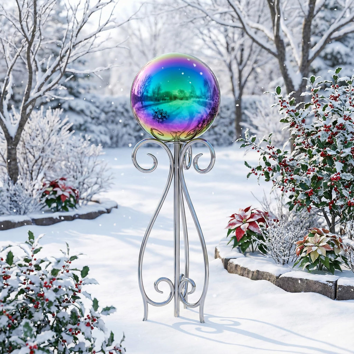 JforSJizT rainbow gazing ball on pedestal creates an elegant garden display.