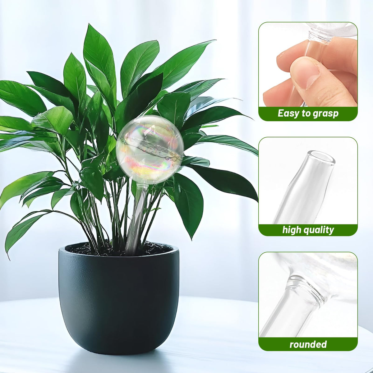 Jgalnim iridescent glass watering globes brighten indoor or outdoor plant displays.