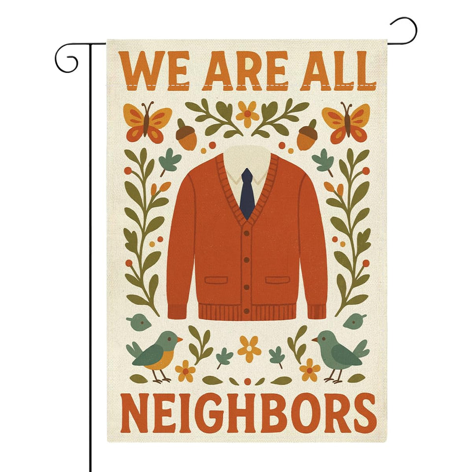 JHFDTY We Are All Neighbors garden flag with burlap look, durable outdoor decor for yards.