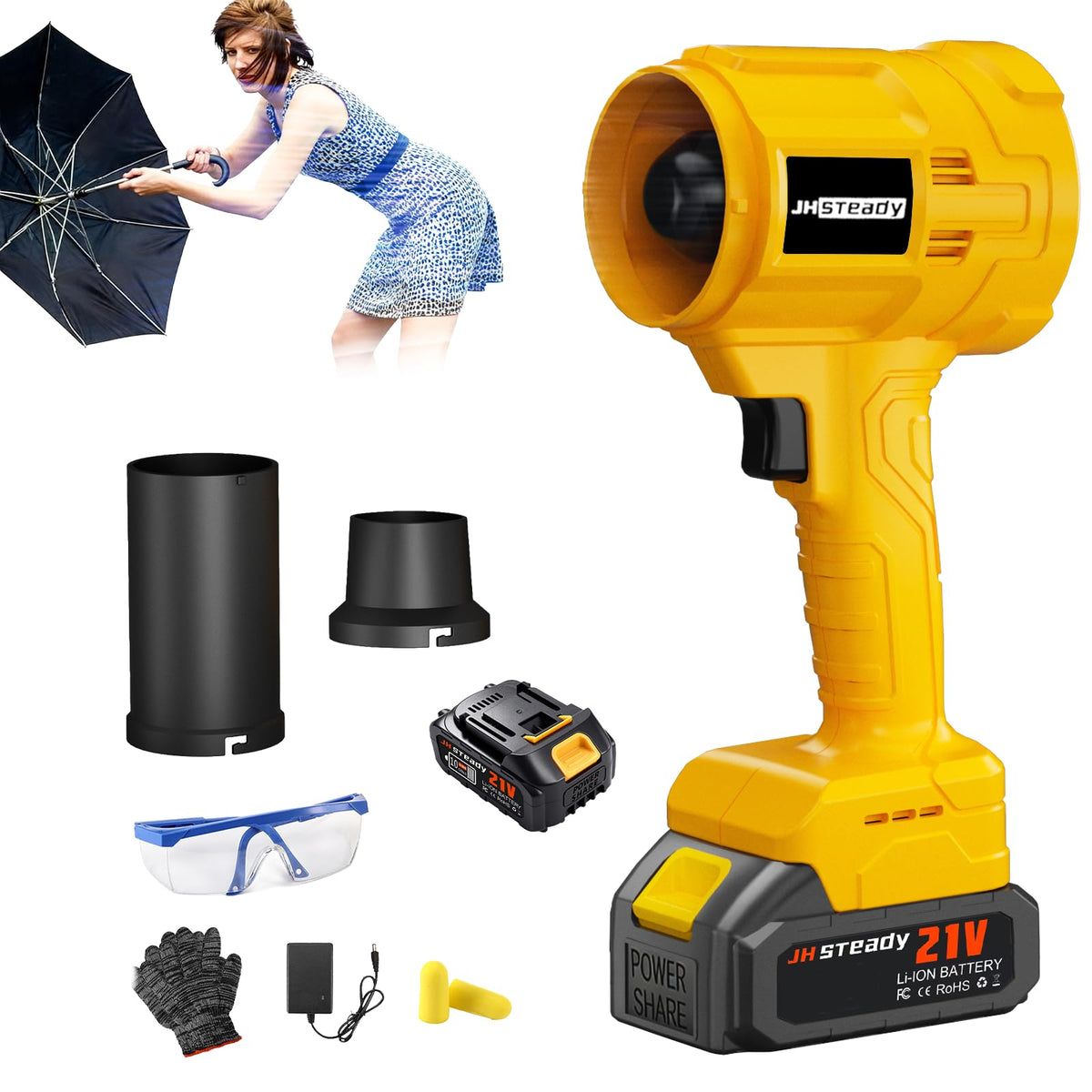 JH Steady 21V cordless leaf blower main unit for quick yard cleanup.