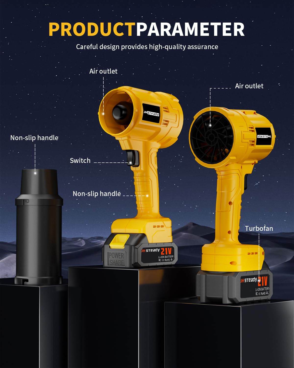 Two-speed control with cruise function for versatile cleaning.
