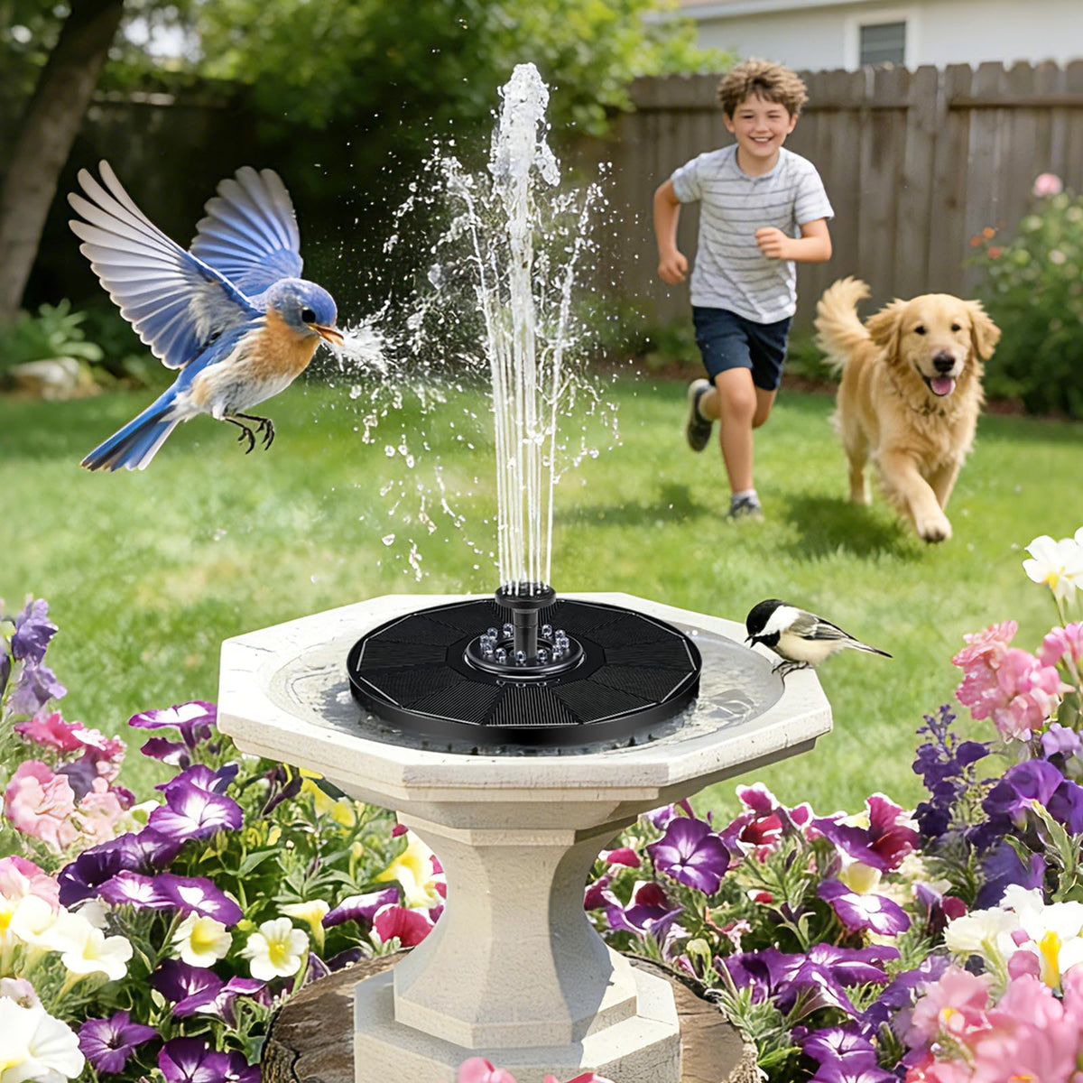 Jhua solar fountain attracts birds to drink and bathe as LEDs glow