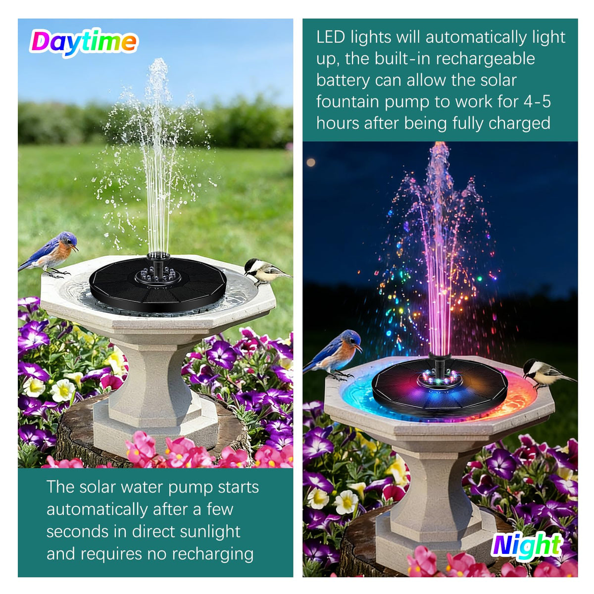 Jhua solar fountain LED lights illuminate the water at night
