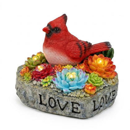 Jiasku solar cardinal memorial statue: red bird atop glowing succulents for soothing garden decor