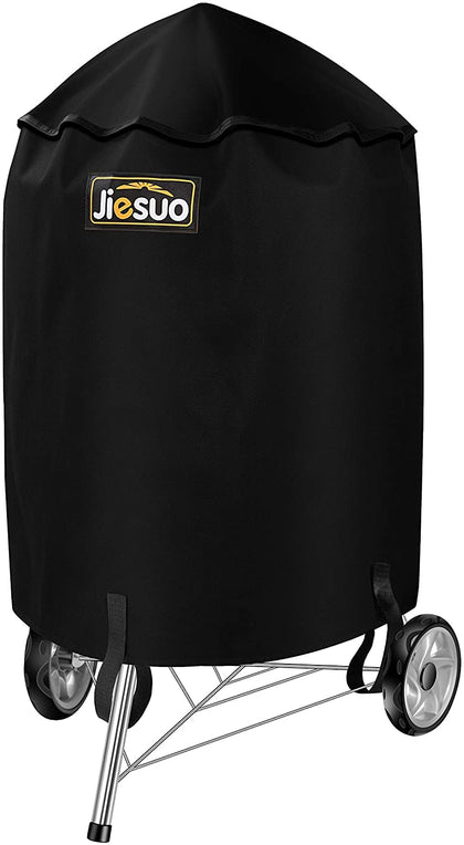 JIESUO 18-inch grill cover on Weber kettle shields against rain and wind.