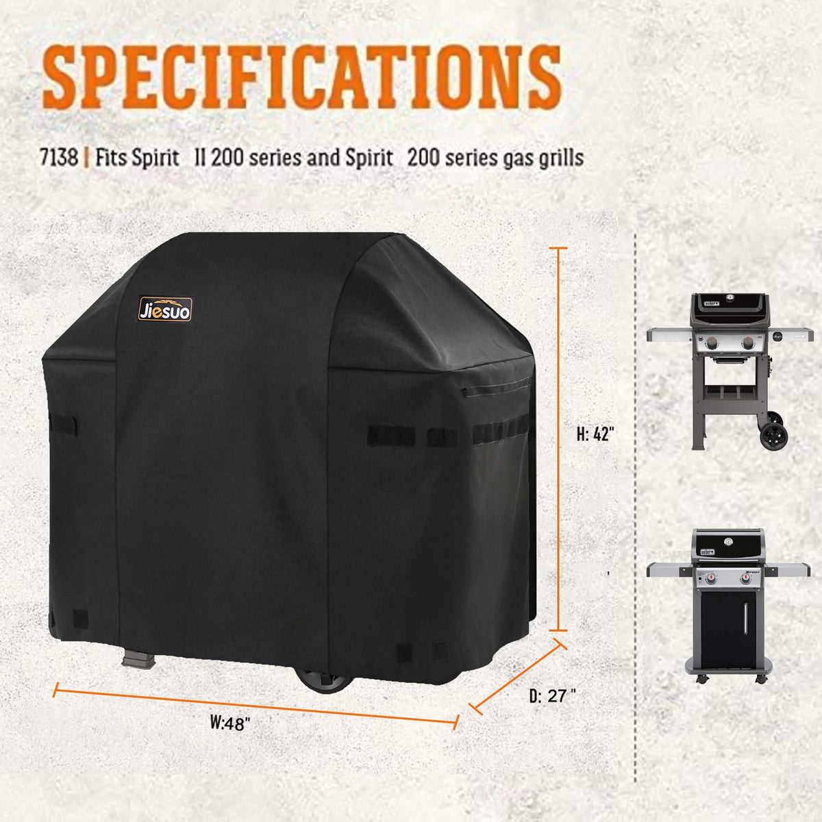 Jiesuo grill cover for Weber Spirit 200 series, durable outdoor use