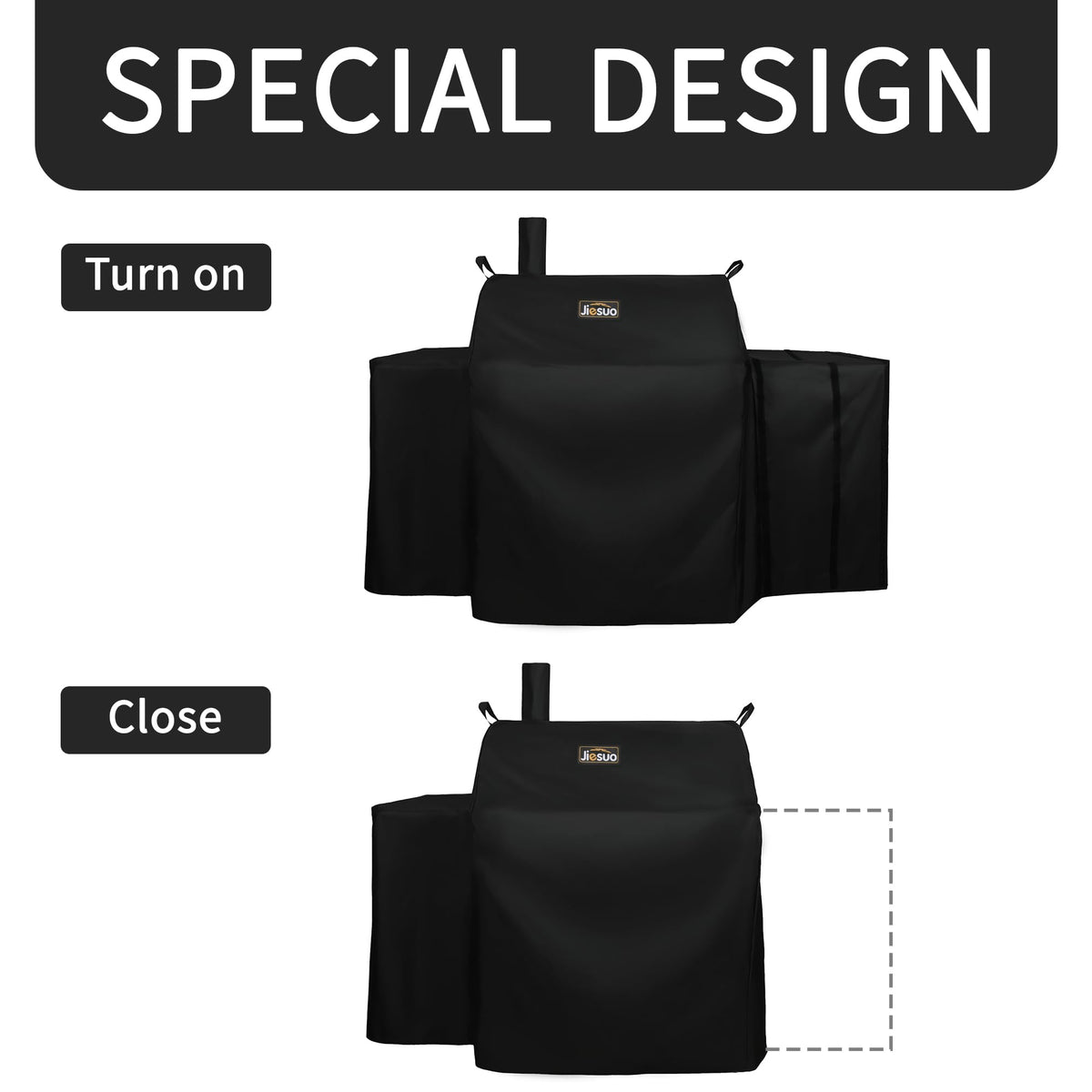 Jiesuo 5555 grill cover features Velcro straps for secure fit.