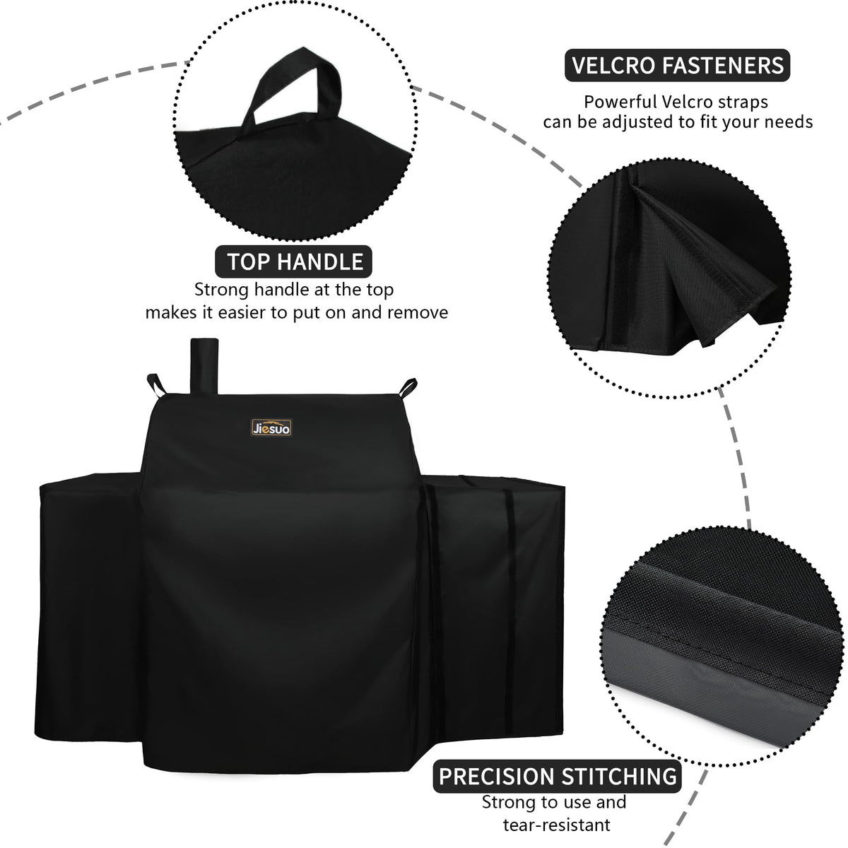 Jiesuo 5555 grill cover with waterproof lining shields grills from rain and moisture.