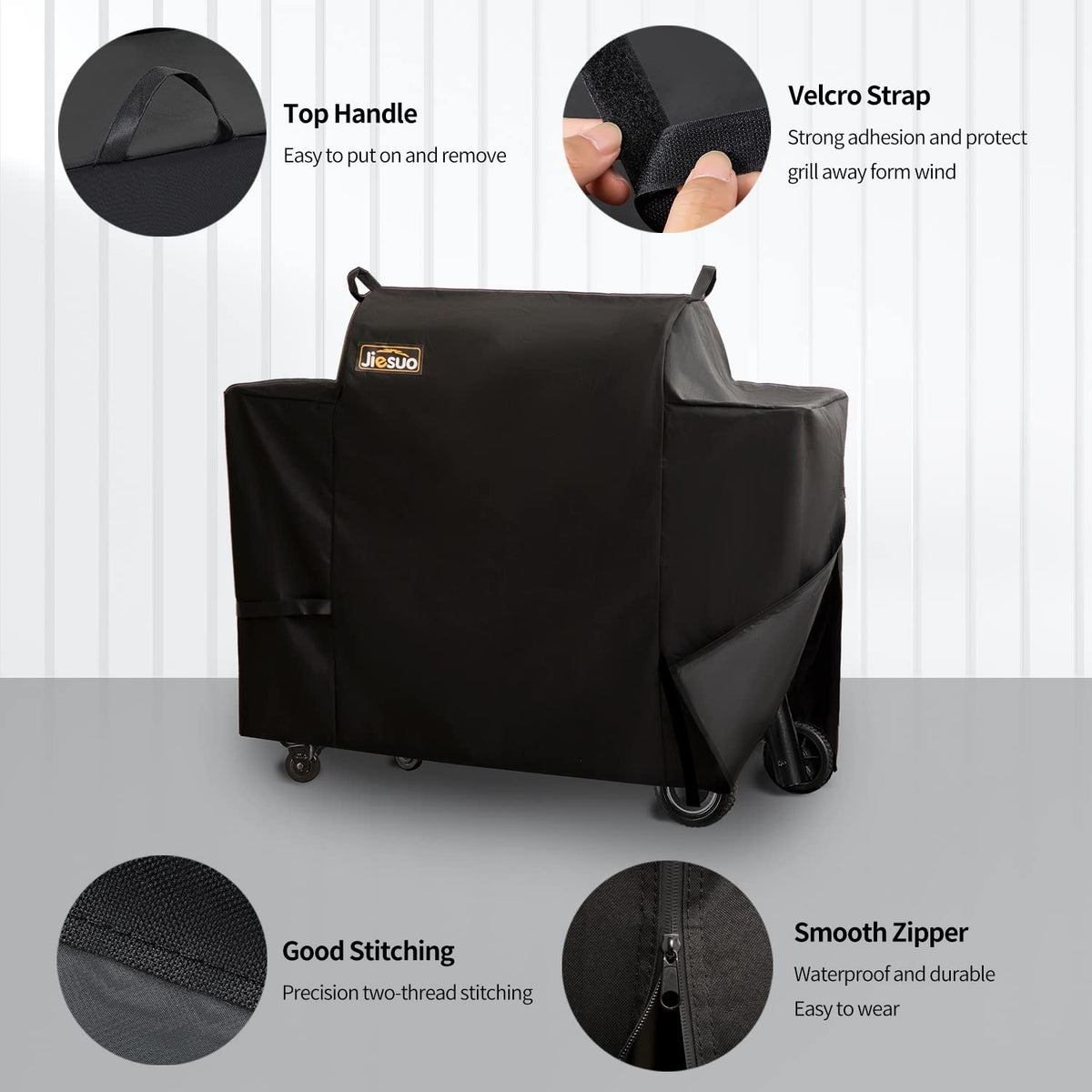 JIESUO grill cover's waterproof PVC lining shields the grill in wet weather