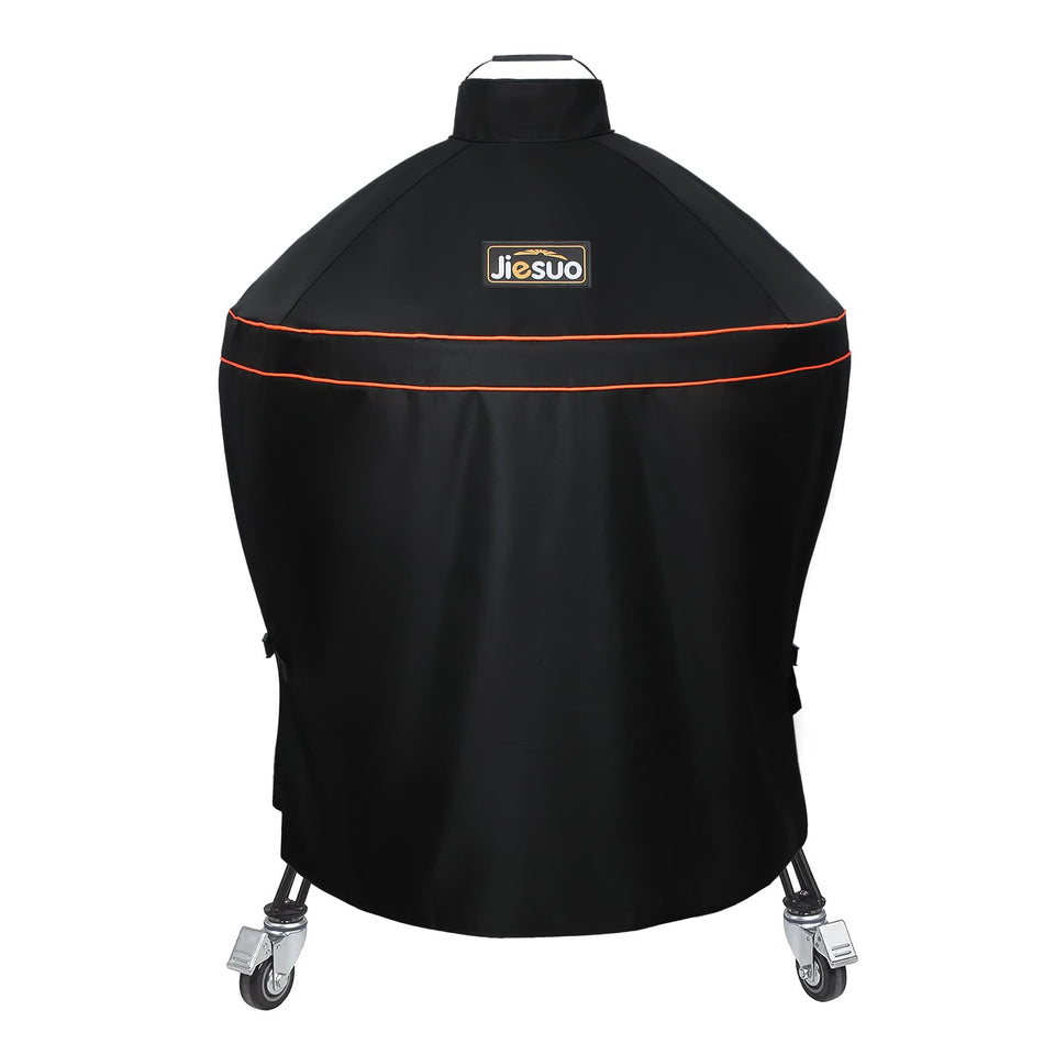 JIESUO grill cover on Kamado Big Joe 24 inch protects from rain and dust.