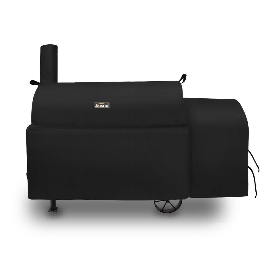 JIESUO grill cover shields Longhorn offset smoker from rain and sun.
