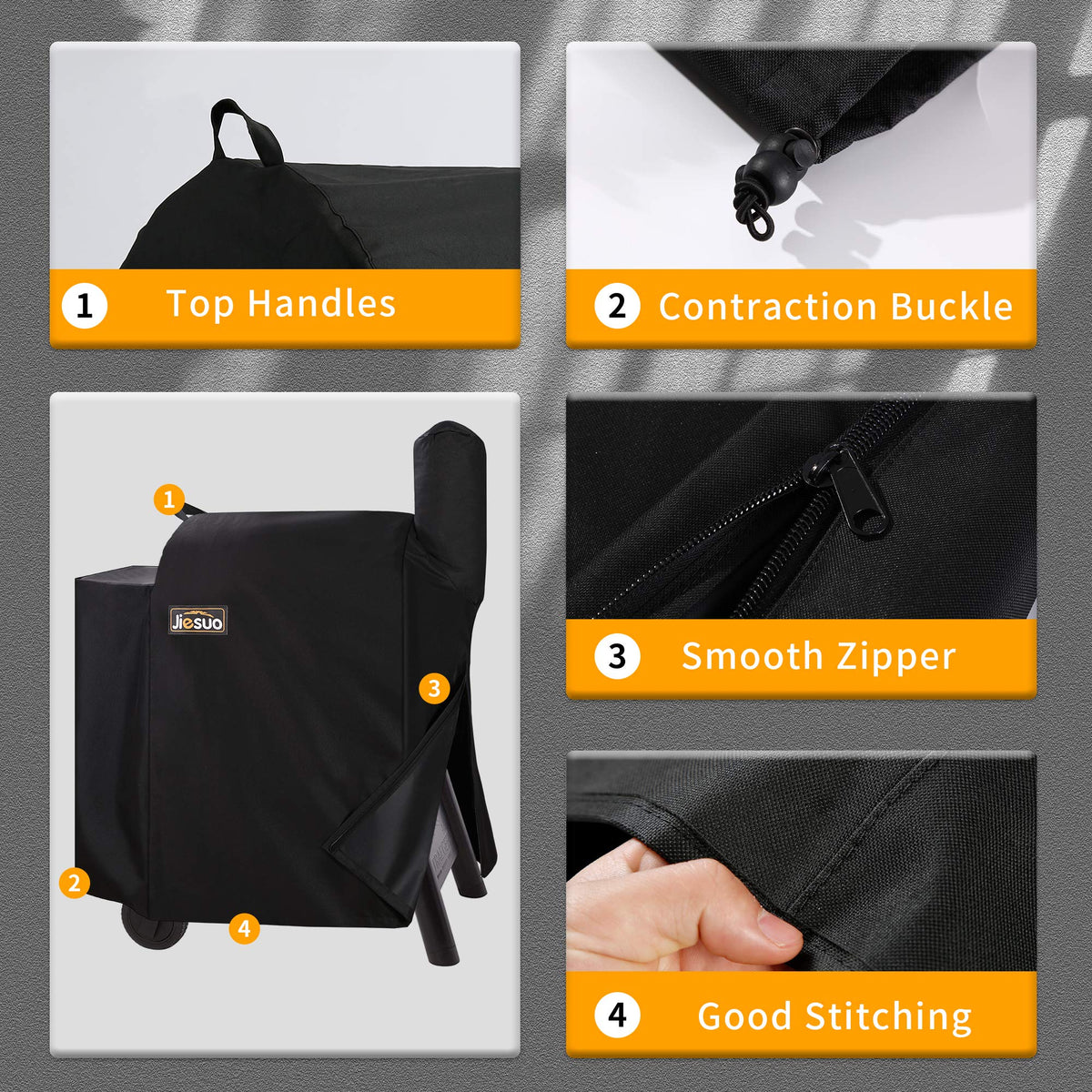 JIESUO grill cover features a smooth zipper for easy on off