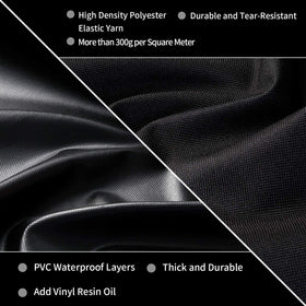 JIESUO grill cover with Velcro straps shown securing the fit against wind.