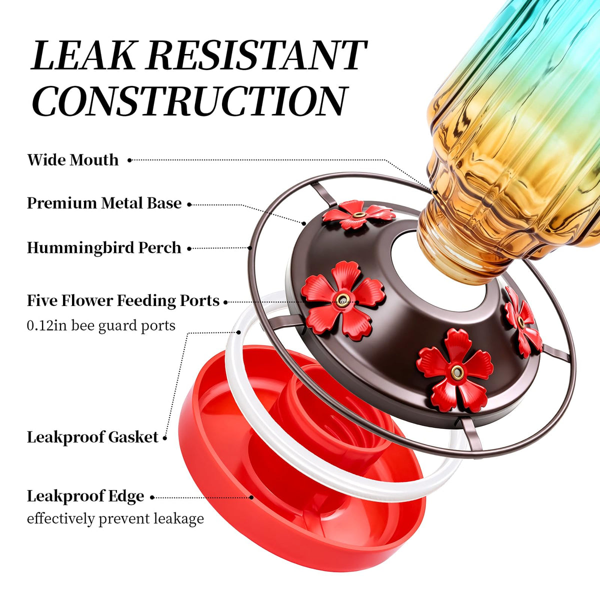 Close-up of leak-proof gasket prevents nectar spills during windy days.