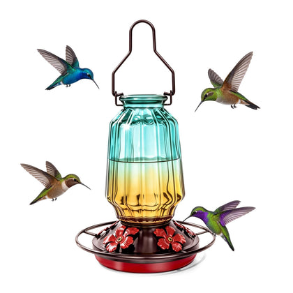 Jiesxyii glass hummingbird feeder with 5 flower ports attracts colorful visitors.