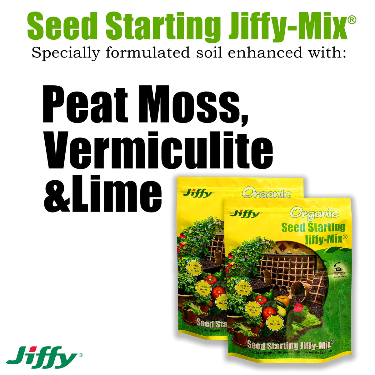 Jiffy seed starting mix with lime featured for balanced soil pH.