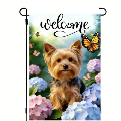 JIGINOFV Spring Hydrangea Yorkie flag with dog and blooms for yard decor