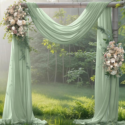 Jimtx sage green wedding arch draping creates a romantic outdoor backdrop.
