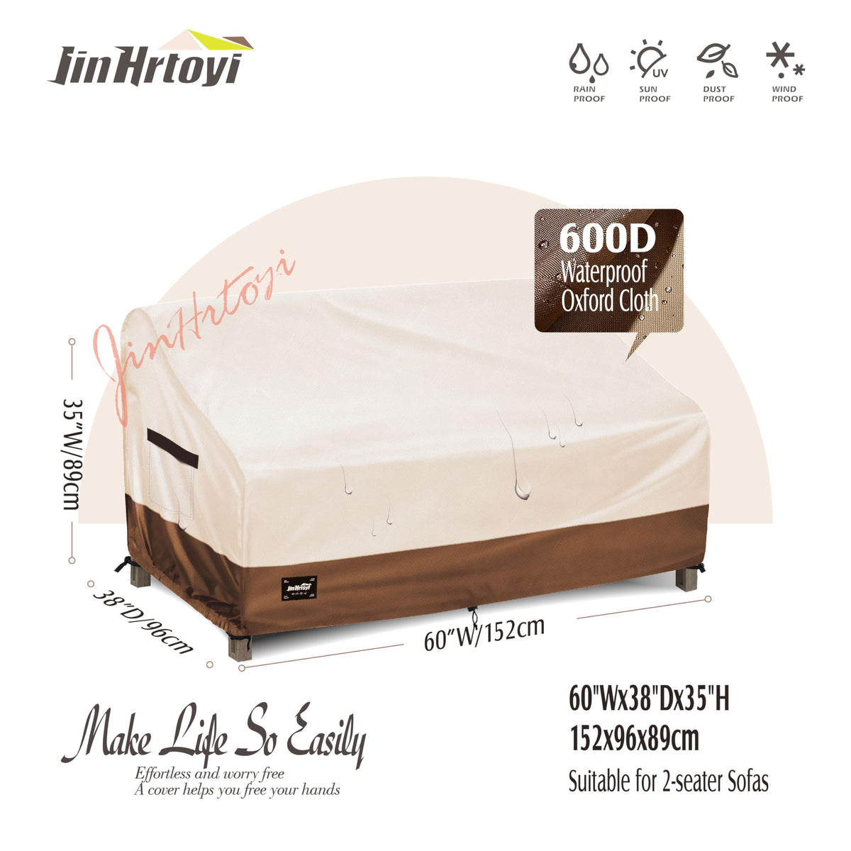 Jin Hrtoyi 60x38x35 inch cover side view shows snug windproof fit