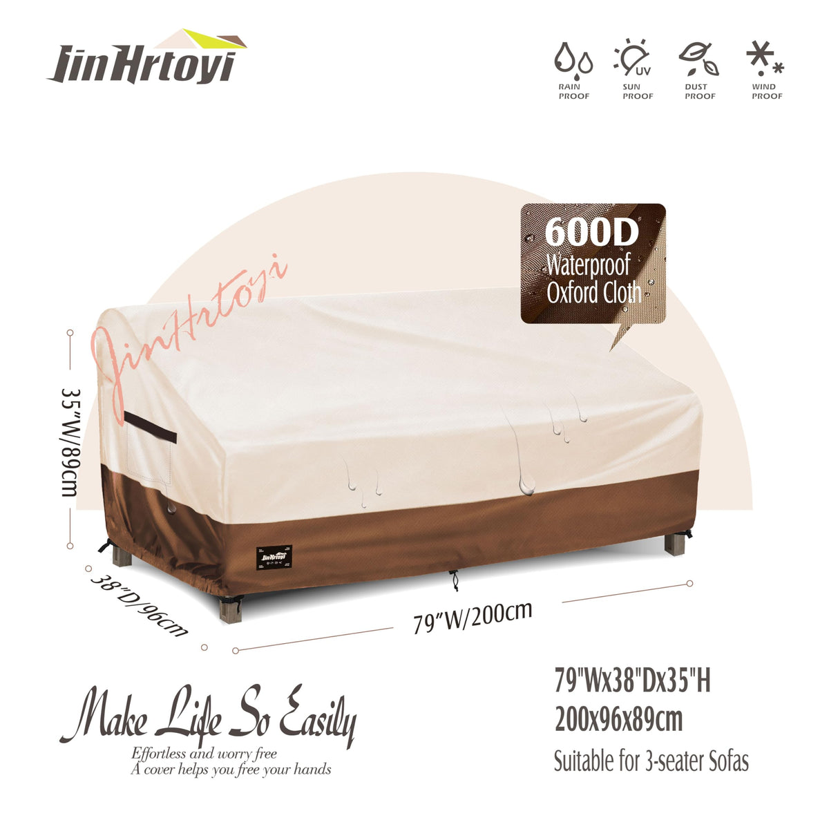 Jin Hrtoyi waterproof cover with 600D Oxford fabric shields furniture during rain.