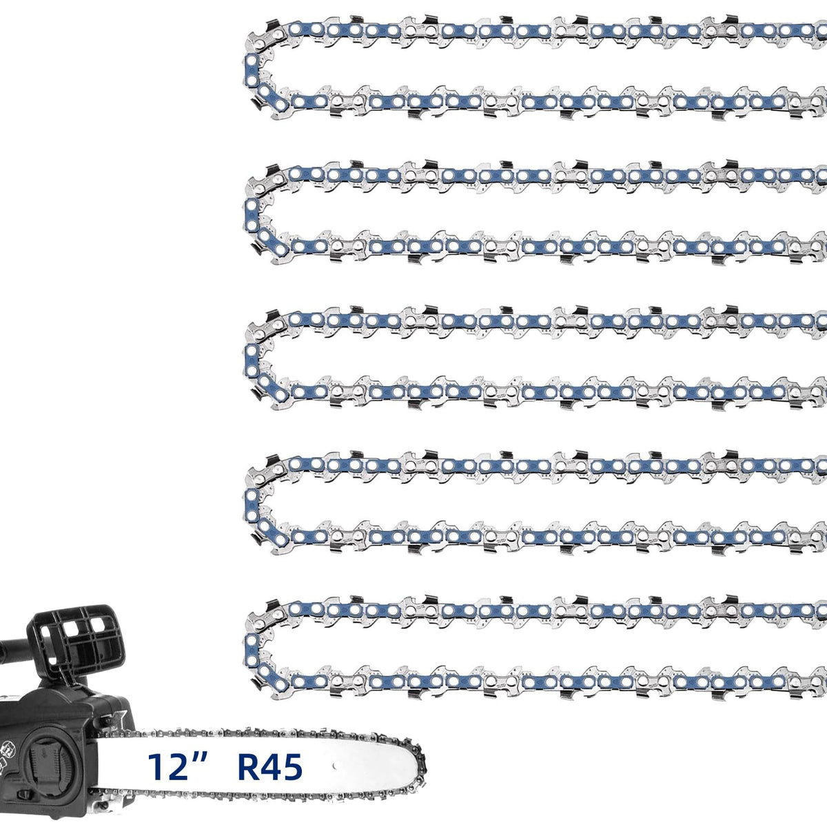 JINFFR five-pack 12-inch chain with 38LP pitch, ready for replacements.