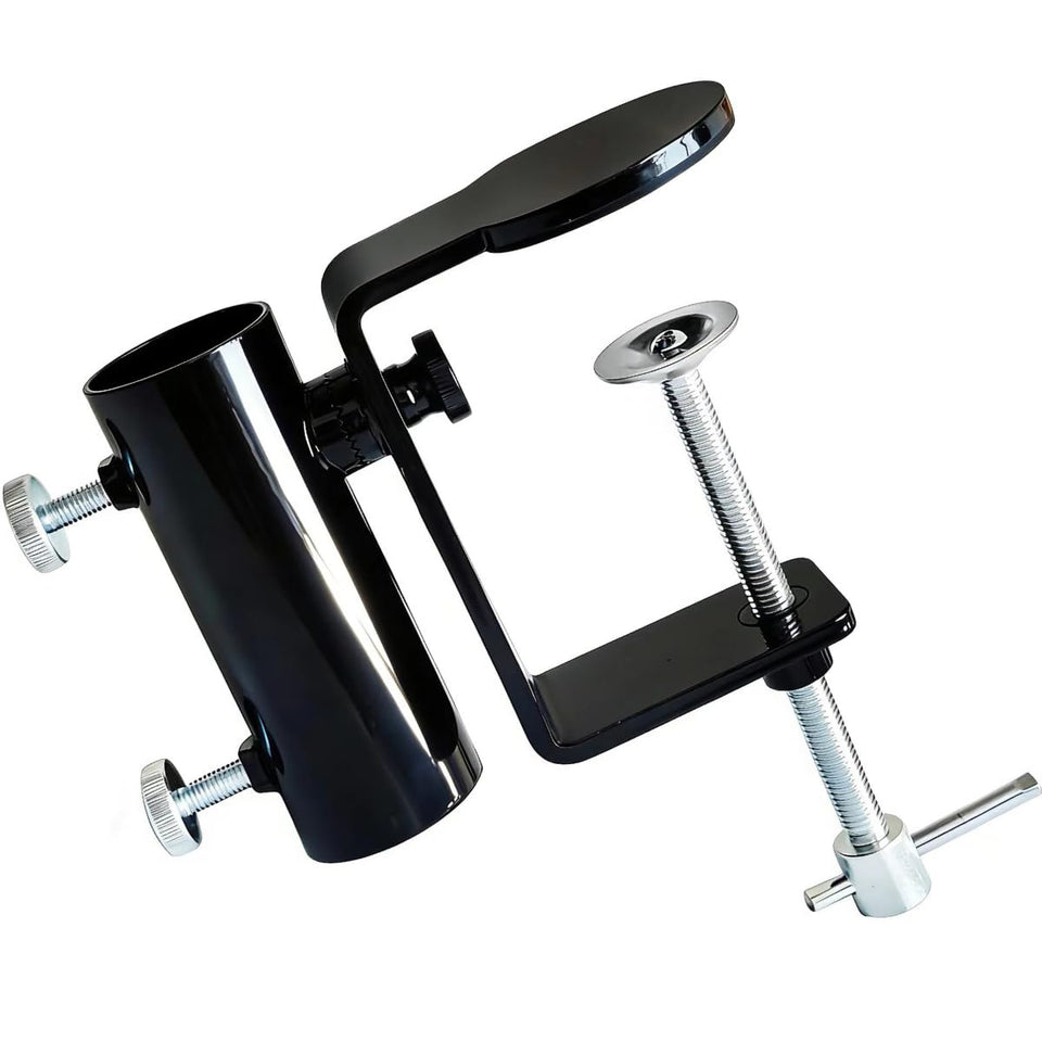JINHAN heavy-duty steel umbrella clamp securely attaches to rails for outdoor shade.