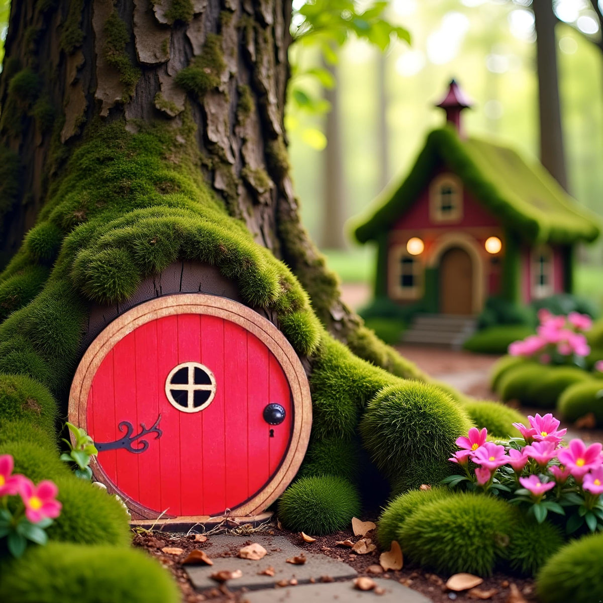 Jinshining Fairy Door garden scene with lawn adds whimsical yard accents.