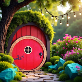 Jinshining Red Fairy Door lawn ornament closeup emphasizes craft texture and durability.