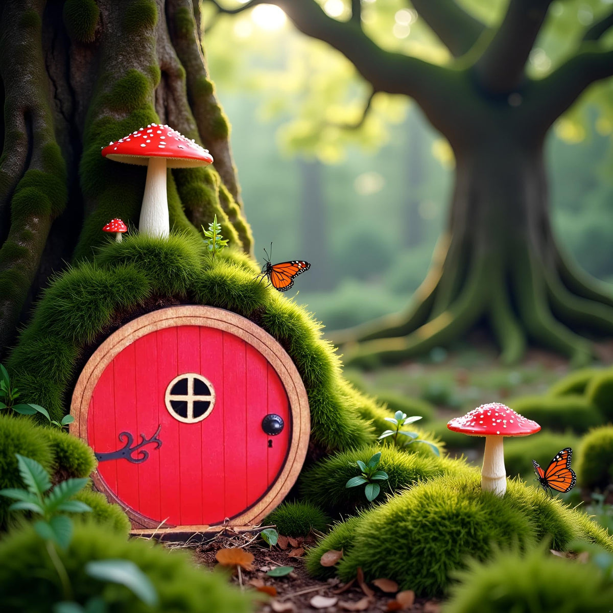 Jinshining Red Fairy Door tree bark detail highlights durable outdoor sculpture.