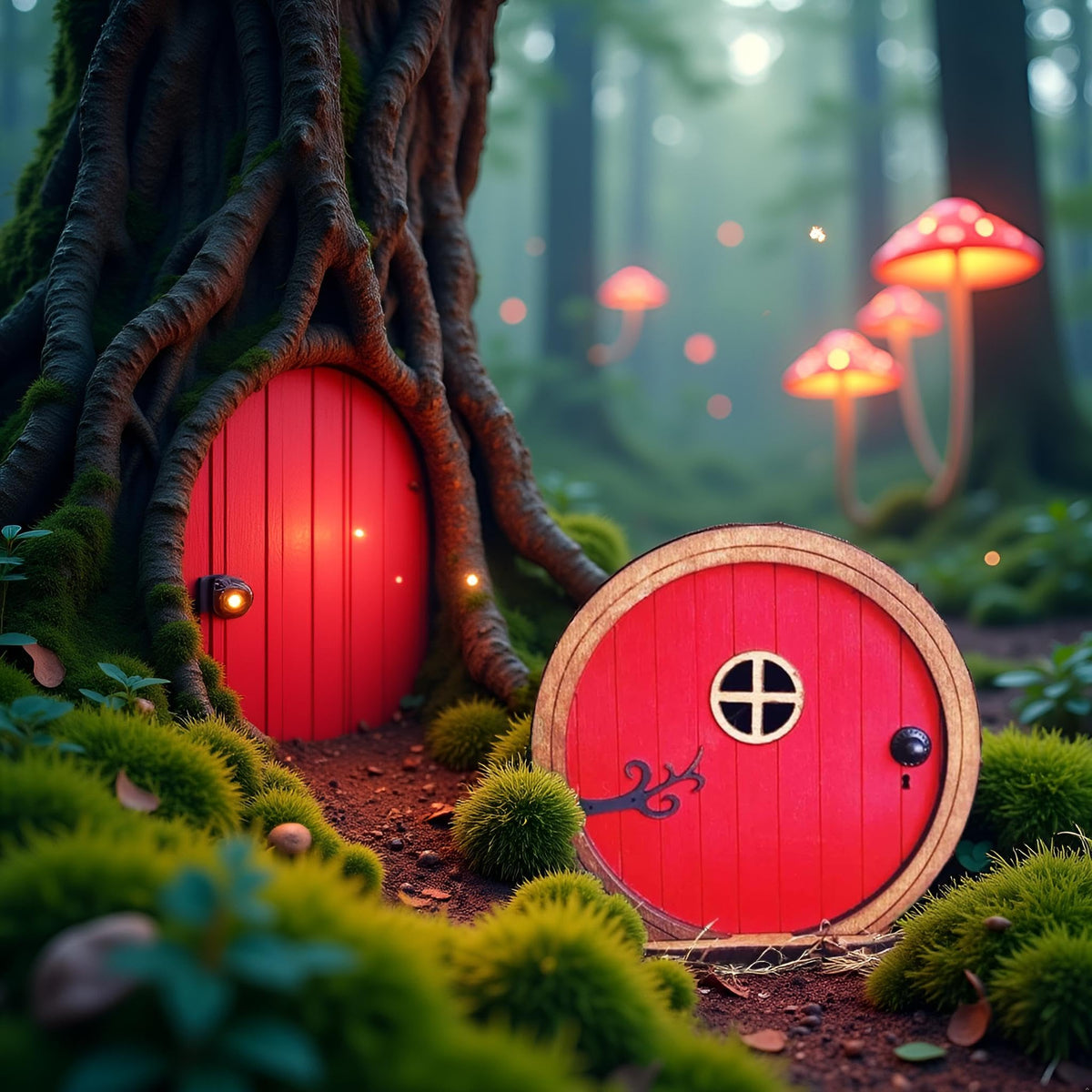 Jinshining Red Fairy Door wood texture closeup showcases natural finish.
