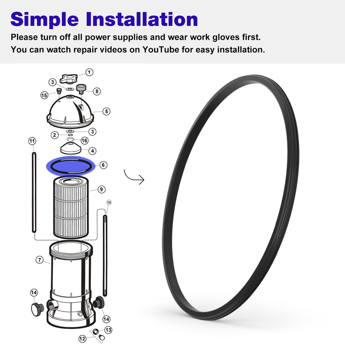 Top installation view showing straightforward gasket placement on a Hayward unit.