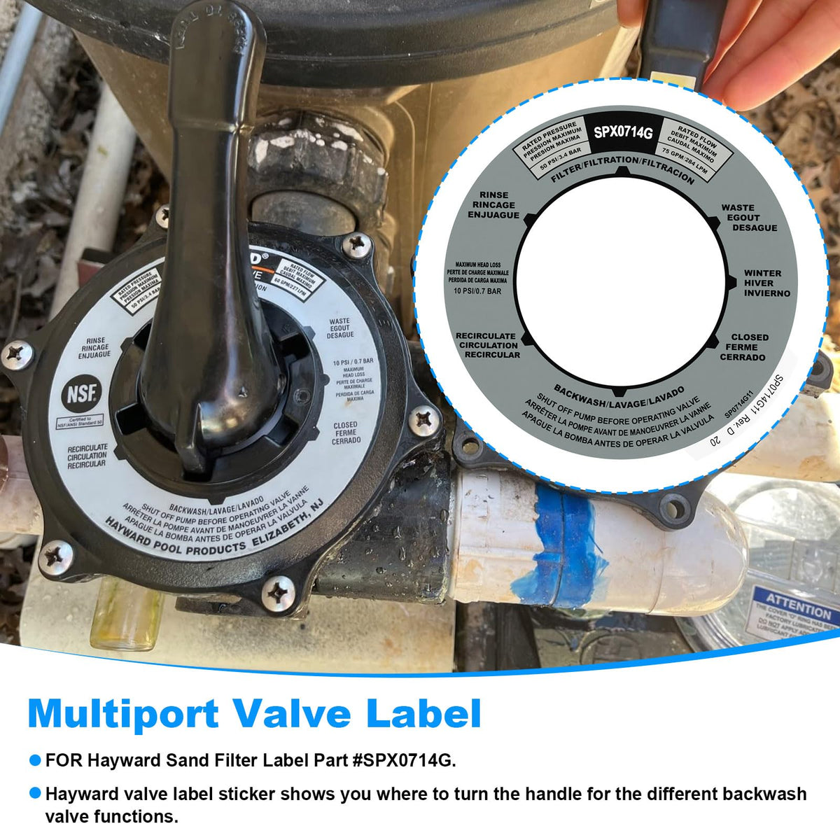 JIOTAR Hayward Vari-Flo valve label shows correct backwash direction clearly