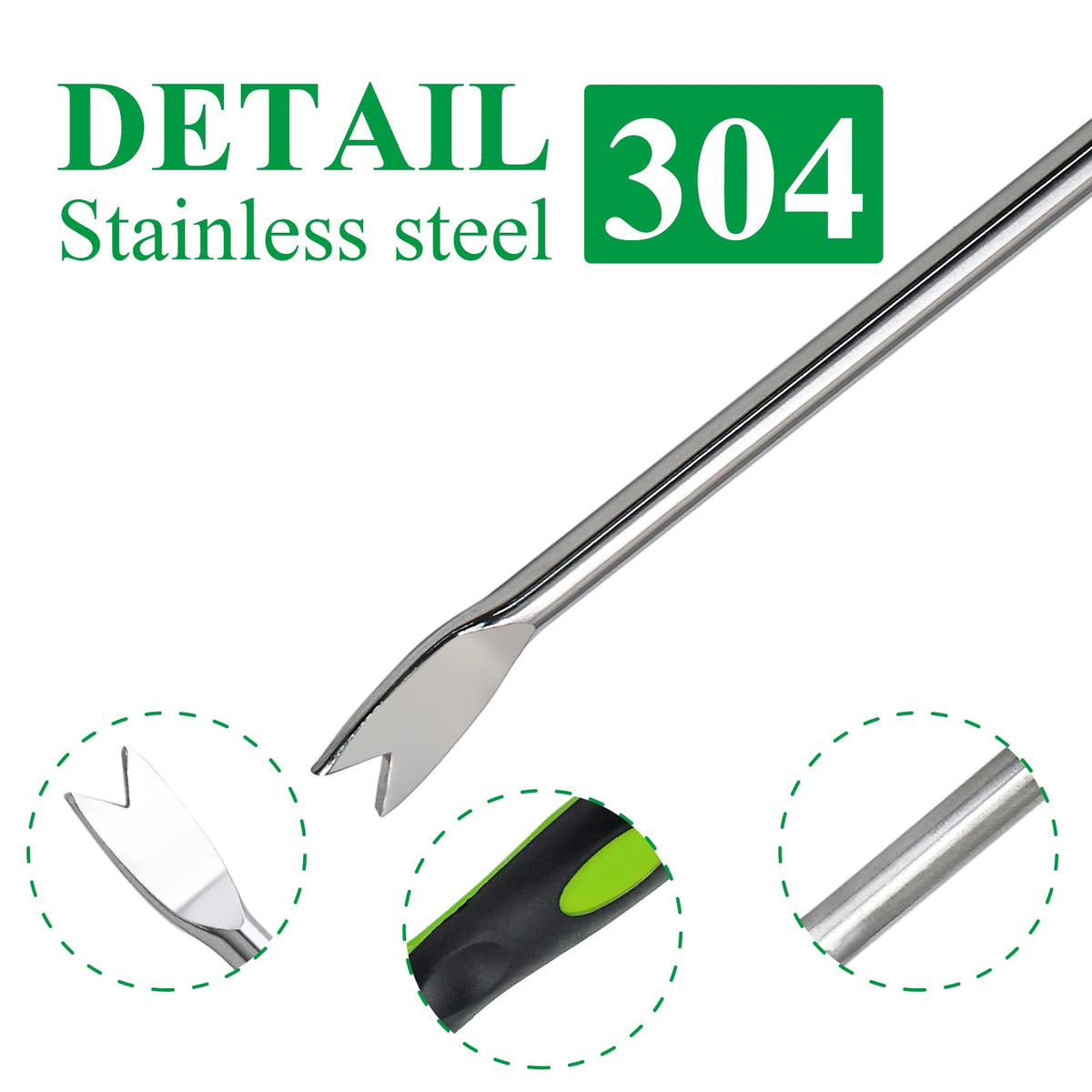 Jiozermi stainless steel garden weeder with pronged tip for strong weed grip.