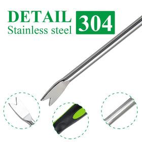 Jiozermi stainless steel garden weeder with pronged tip for strong weed grip.