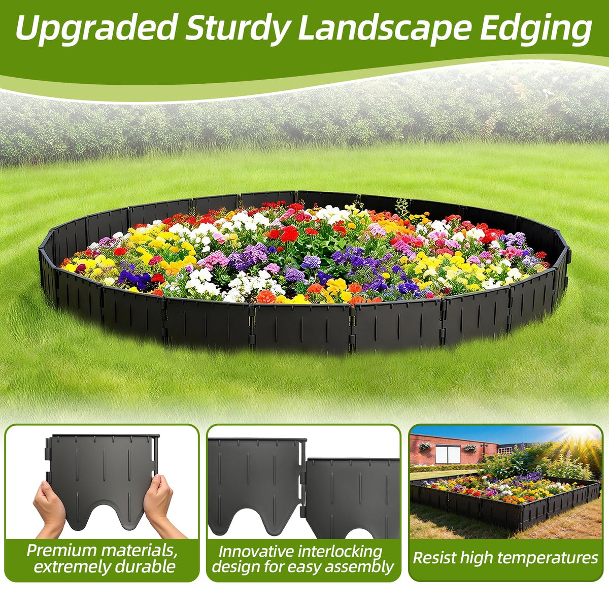 Jiribid edging with blade-shaped bottom edge eases soil insertion during installation