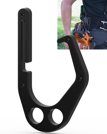 JISHAHS aluminum tree hook demonstrates one-hand operation for quick tool attachment at height.