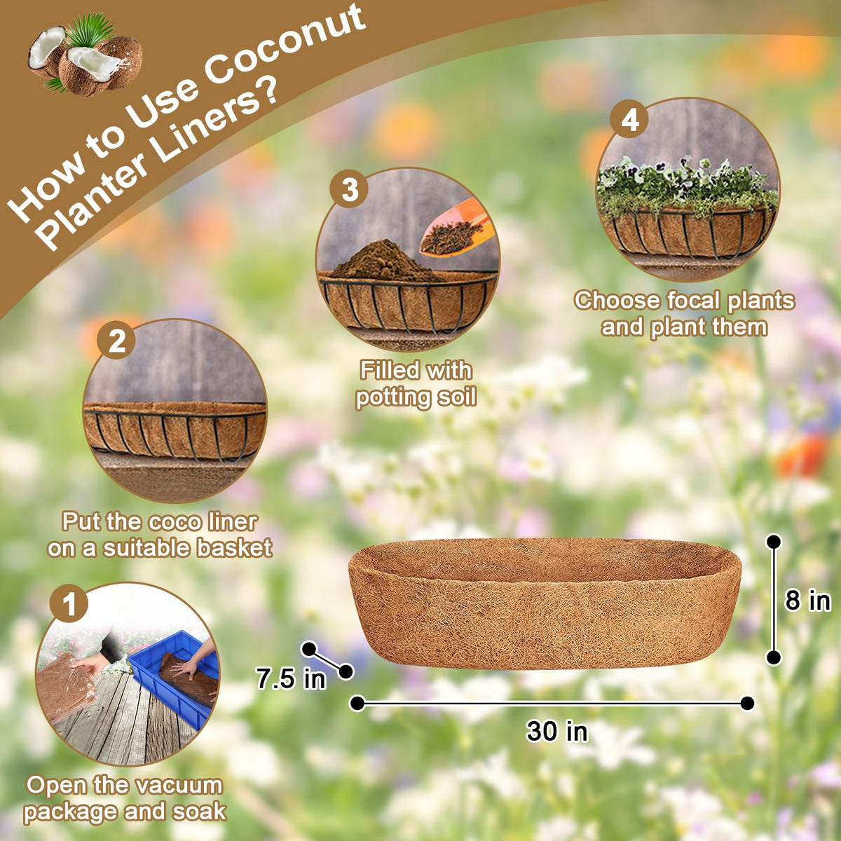 JISON21 hanging basket liner with textured coco, elevates decor while keeping soil moist.