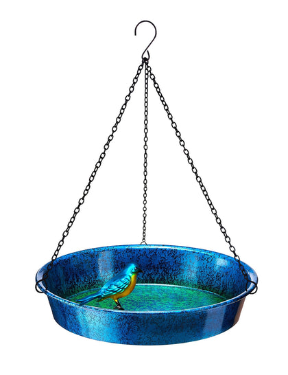 JiubinArt hanging bird bath blue-green closeup showing durable metal finish for outdoor use.