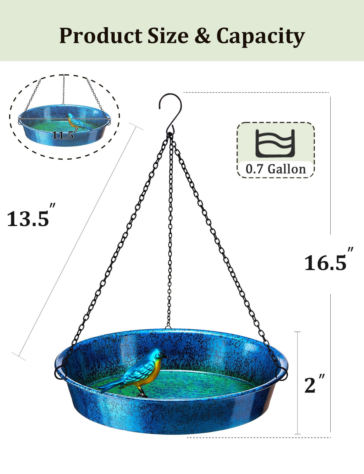 JiubinArt hanging bird bath blue-green setup with 11.5-inch diameter for multiple birds.
